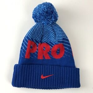 Nike Pro Level Blue Pom Pom Winter Hat Youth 4-7
